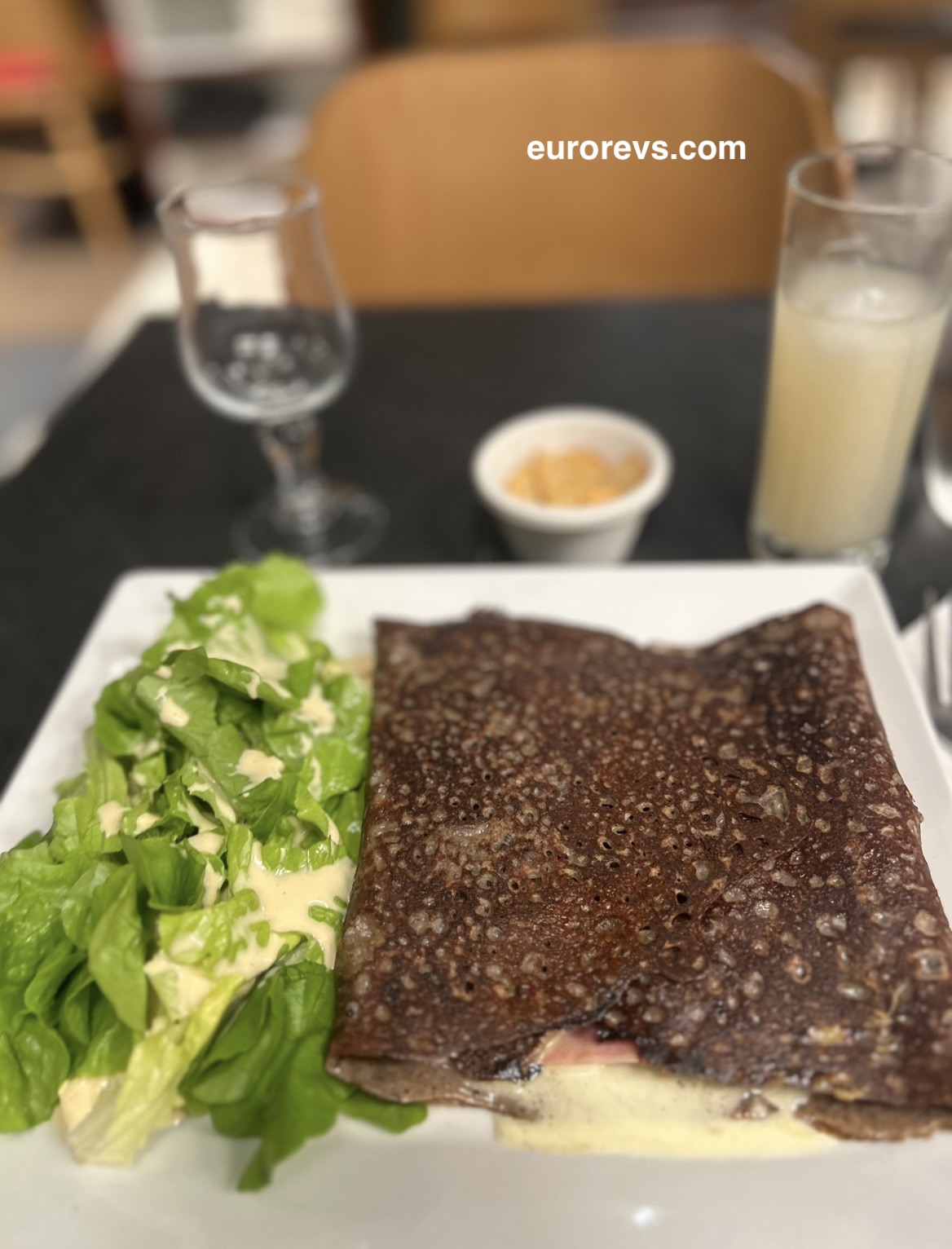 Galette in Caen Normandy with roquefort and potatoes, ham and crème fraiche