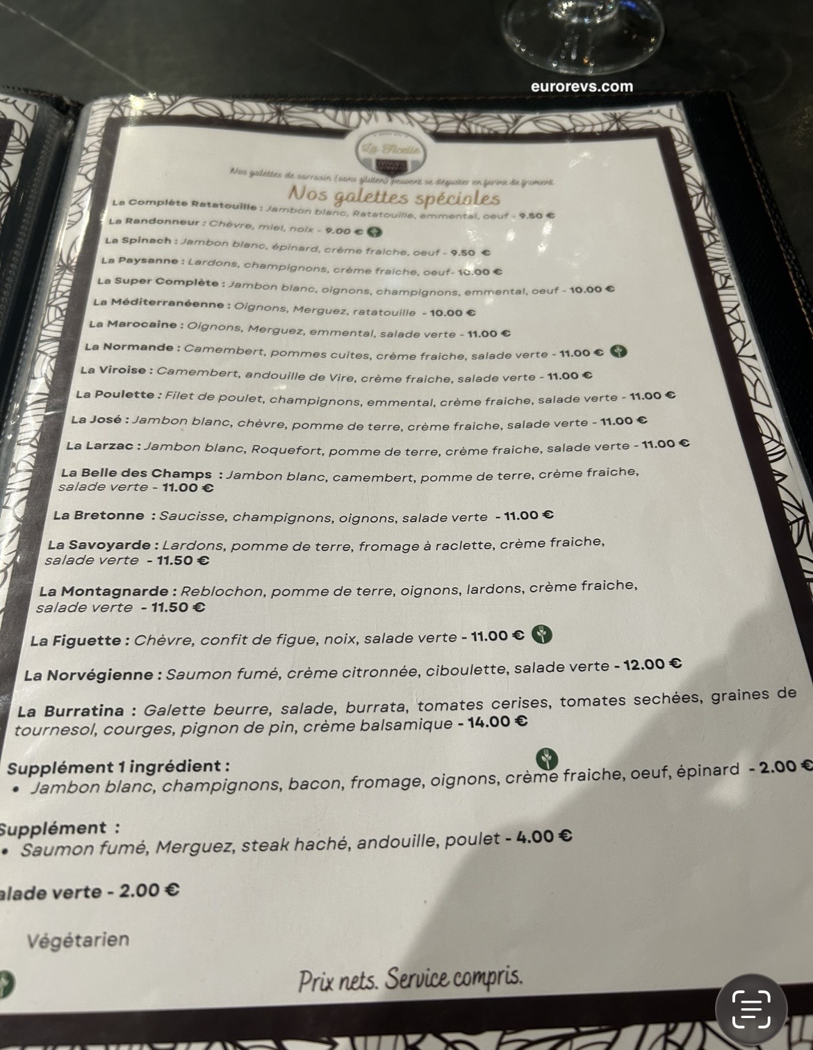 Menu at La Ficelle crêperie Caennaise in Caen Normandy