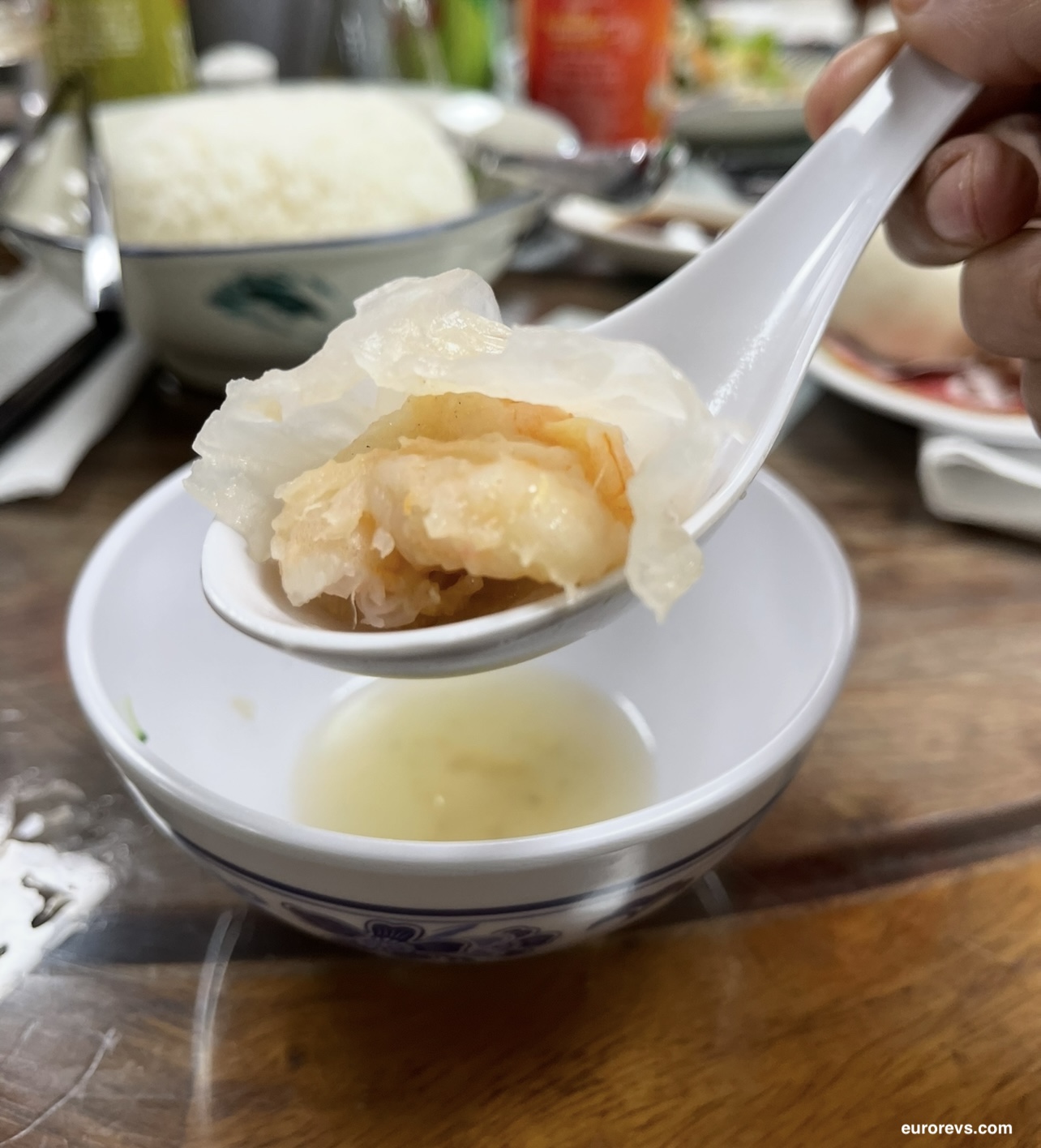 The filling of a Har Gow 大蝦餃子 Cantonese prawn dumpling  originating from Xiguan, Guangzhou China 
